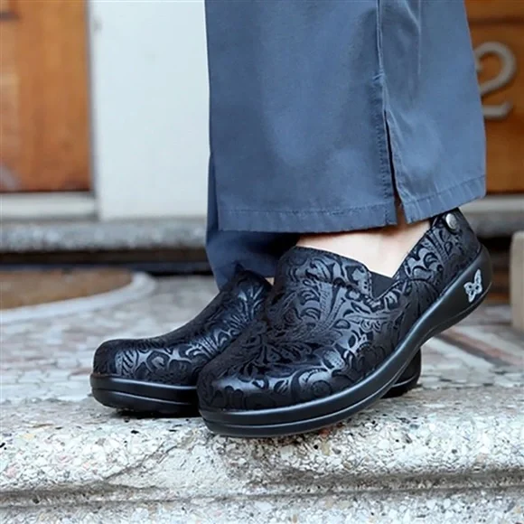 ALEGRIA Black Leather Floral Paisley Embossed Keli Professional Slip On Loafers - Picture 1 of 12